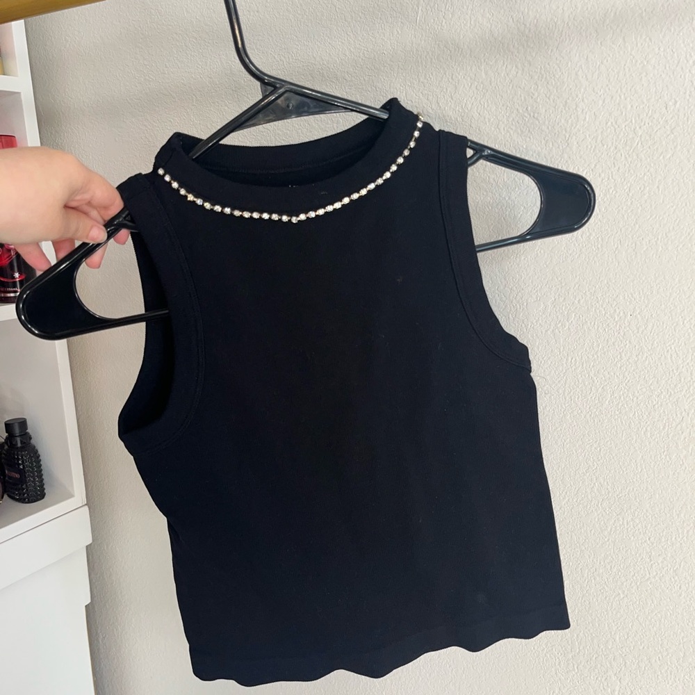 Black Sleeveless Top with Pearl Detail